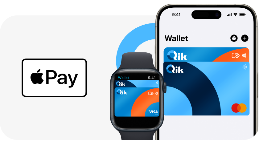 Teléfono celular y smart watch y logo de Apple Pay con la Tarjeta de Crédito Qik y la Tarjeta de Débito Qik